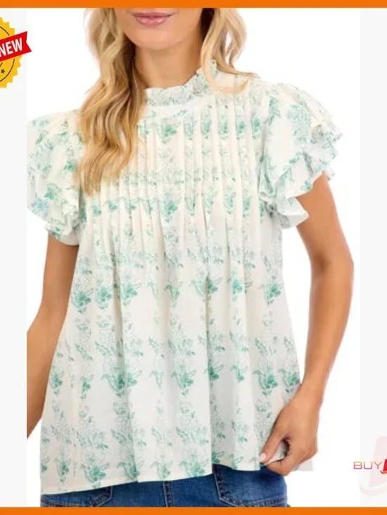 Flutter Sleeve Cotton Top, Pleated Bodice, Swing Hem, Size Small - Picture 4 of 6